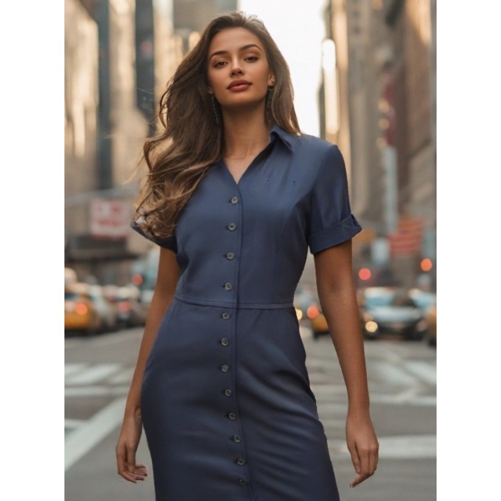 American Airlines Lands End Flight Attendant Uniform Size 8 P Blue Shirt Dress